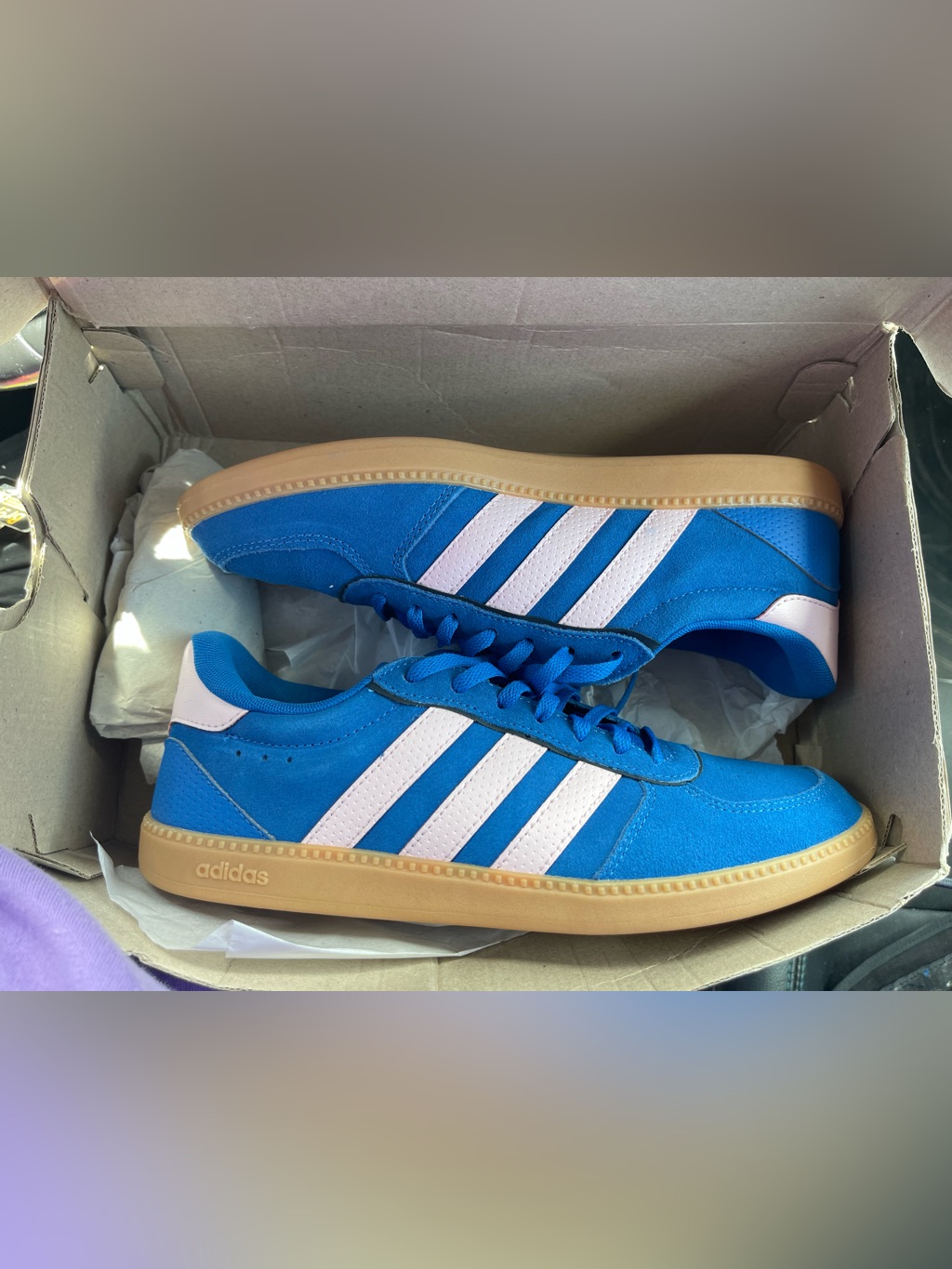 Adidas Men's Blue Suede Sneakers With White Stripes And Gum Sole